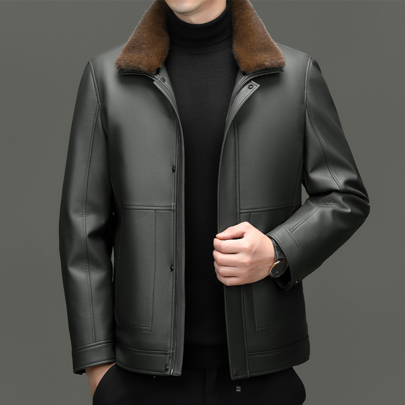 免费退换海宁真皮皮衣男士皮毛一体冬季夹克矮个修身翻领外套加绒加厚皮草反季促销特价_177_111 180/92A 2399灰绿脱卸羽绒内胆毛领