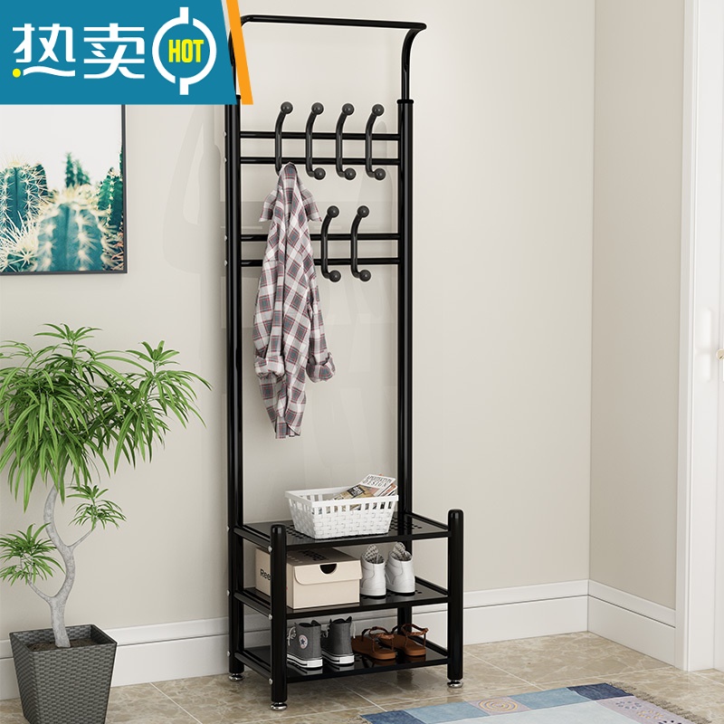 敬平晾衣架落地家用门厅挂衣架卧室简易鞋架室内收纳凉晒衣服衣帽架子 大号-黑色[加厚] 大高清大图