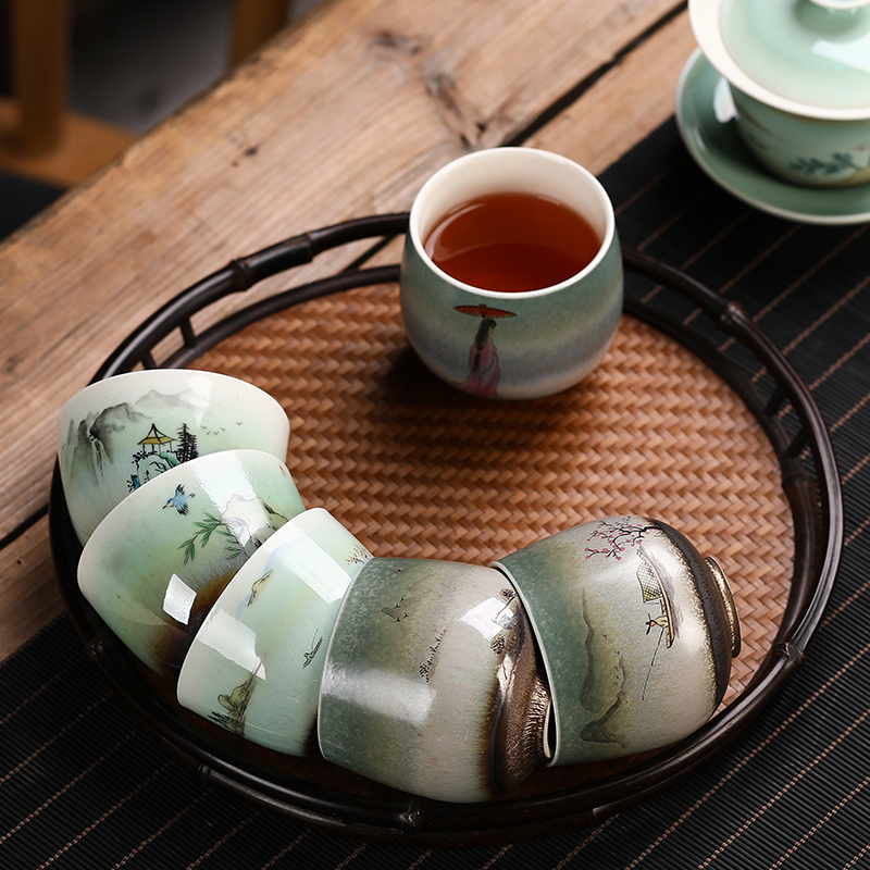 手绘窑变品茗杯纯手工单杯主人杯FY陶瓷功夫茶具柴烧花鸟大号茶盏 三维工匠 手绘玉兰杯[山水]120