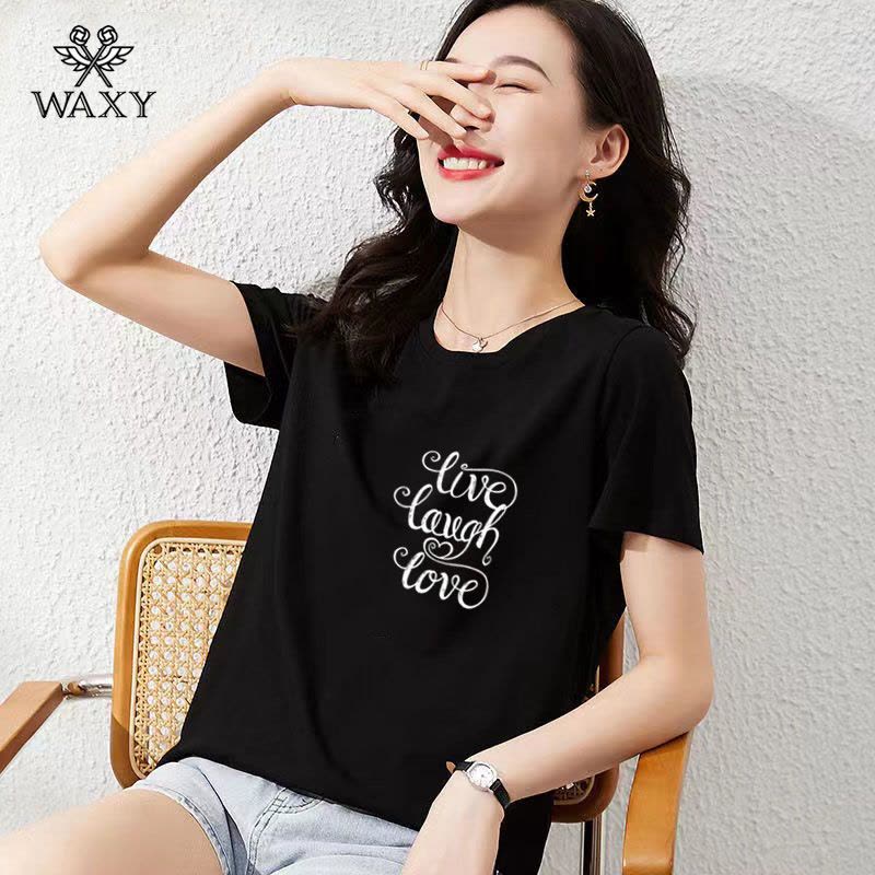 WAXY2022年新款纯棉短袖t恤女夏季正肩法式韩版时尚百搭休闲ins风图片