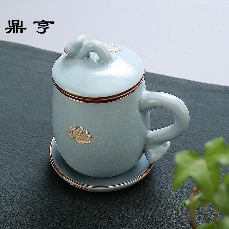 鼎亨汝窑茶杯冰裂个人杯子办公室茶具带盖陶瓷四件套过滤开片品茗