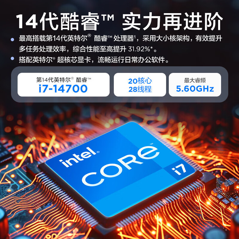 联想(Lenovo)扬天M4000q 台式机电脑主机 定制(酷睿14代 i7-14700 16G 1T机械+1T SSD wifi office Win11)商用家用办公学习高清大图