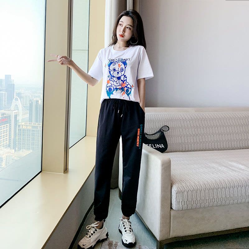真维斯2022年夏季新款运动服短袖减龄休闲洋气长裤两件套装女潮流图片
