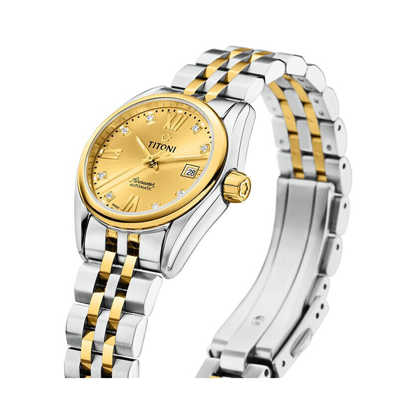 titoni瑞士梅花手表空中霸王系列自动机械表女表间金表23909sy064