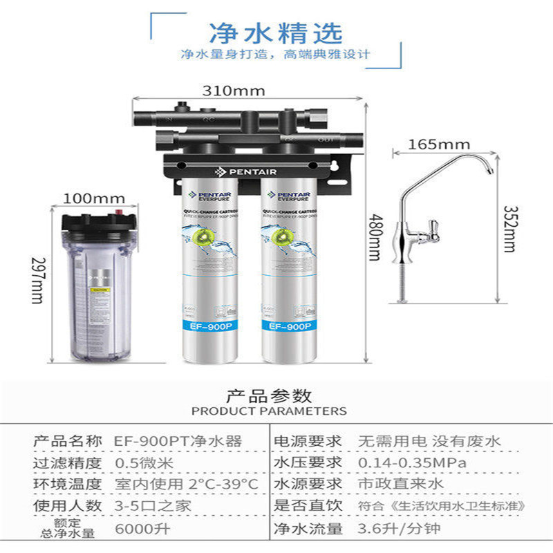 美国.爱惠浦(EVERPURE) 厨下式家用直饮净水器 EF-900PT母婴 3.6L/分钟超大流量 美国原装进口滤芯