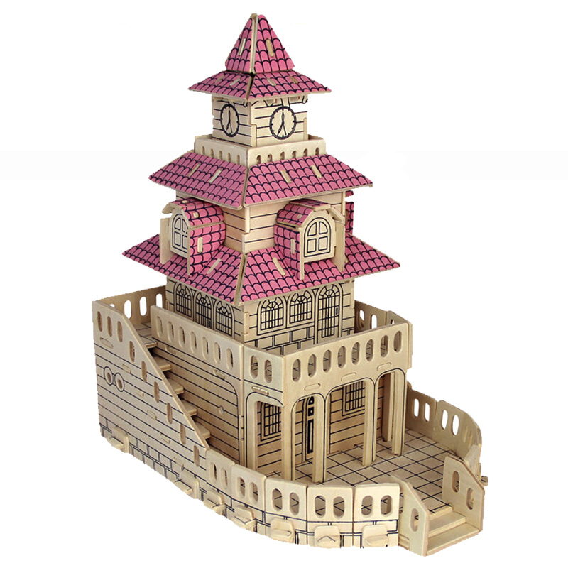 儿童木质玩具木制3d立体拼图拼装拼插房屋建筑模型diy手工礼品积木小