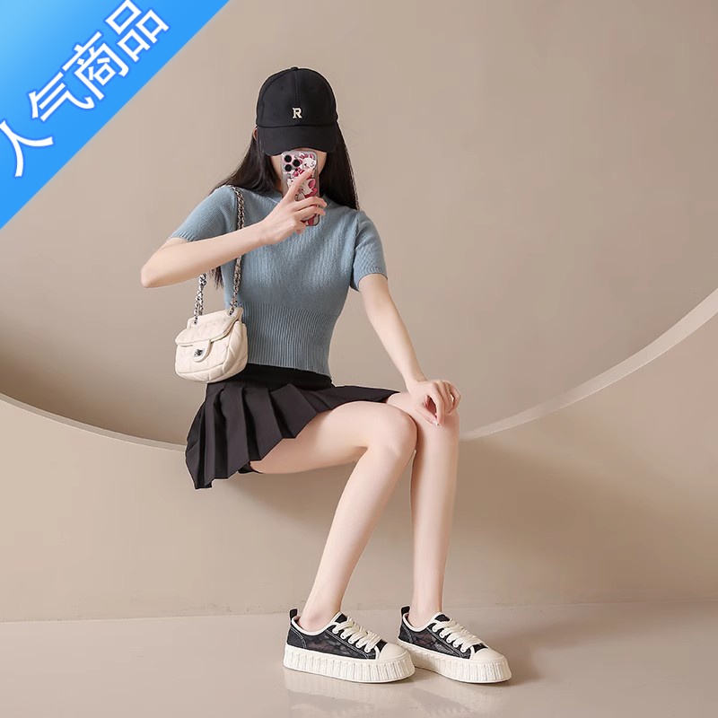 SUNTEK黑色帆布鞋女鞋2023新款夏季薄款透气网面休闲厚底蕾丝饼干鞋高清大图