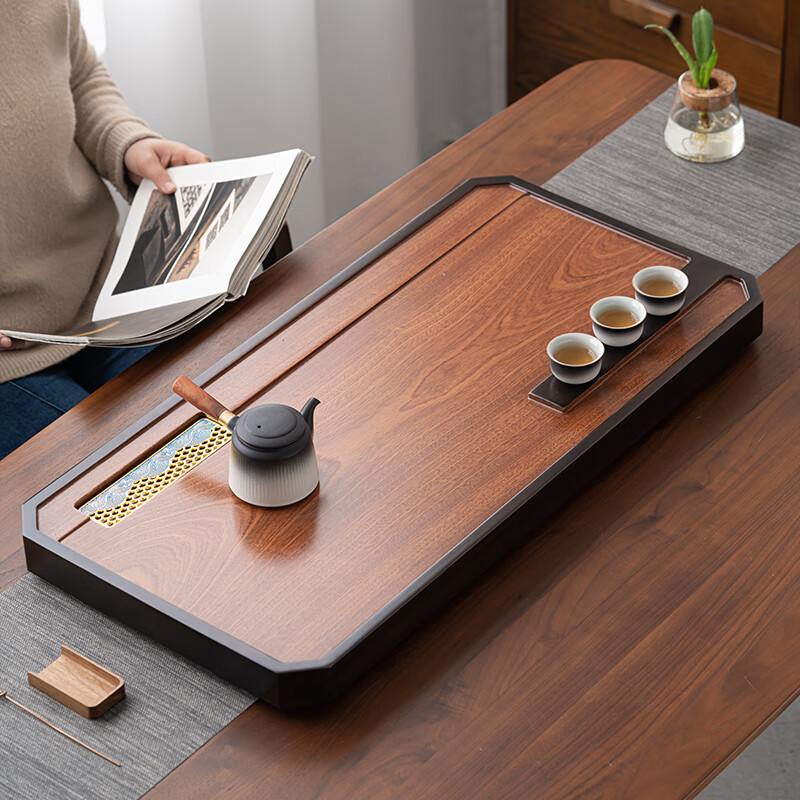 苏氏陶瓷/SUSHI CERAMICS JA15 花梨实木正板切割黑檀木色润物办公家用排水式茶盘