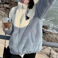 日系撞色拼接棉衣棉服慵懒风女冬季新款设计感宽松加绒加厚外套潮 XL 蓝色