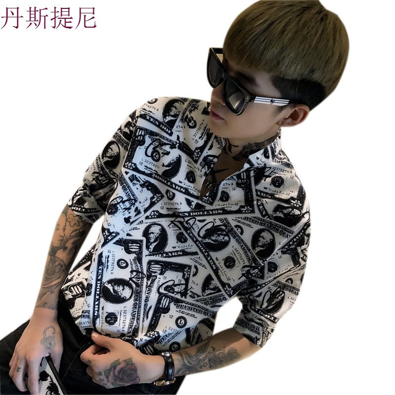 衬衫男士韩版修身个性报纸短袖七分夏季中袖短袖休闲7分青年潮流