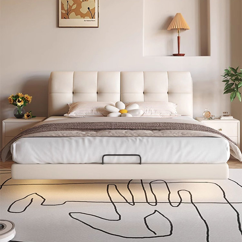 欧梵森北欧奶油风高端真皮床带感应灯悬浮床轻奢主卧软包云朵床双人床高清大图