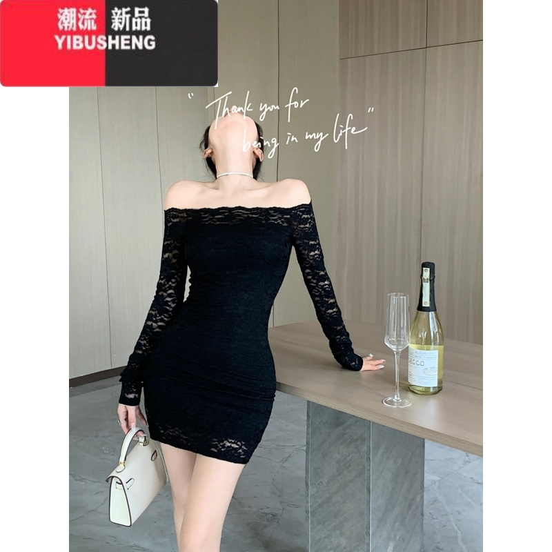 YIBUSHENG一字肩长袖连衣裙女早秋纯欲风蕾丝气质裙子性感收腰紧身包臀短裙
