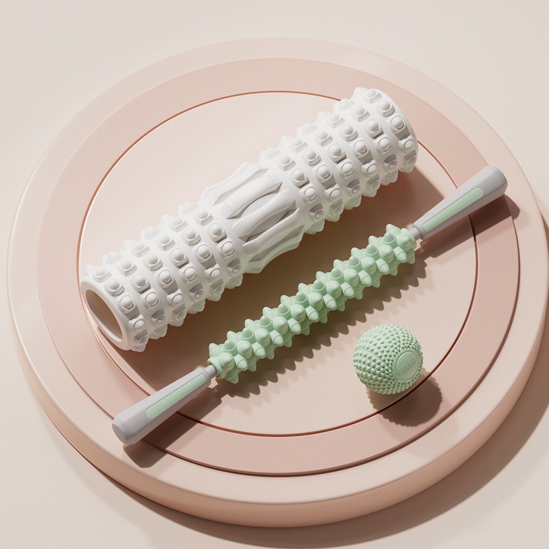 米奇喵泡沫轴狼牙棒瑜伽柱滚背肌肉筋膜放松按摩器EVA琅琊小腿塑形滚轴瑜伽柱白色30厘米+按摩棒+筋膜球