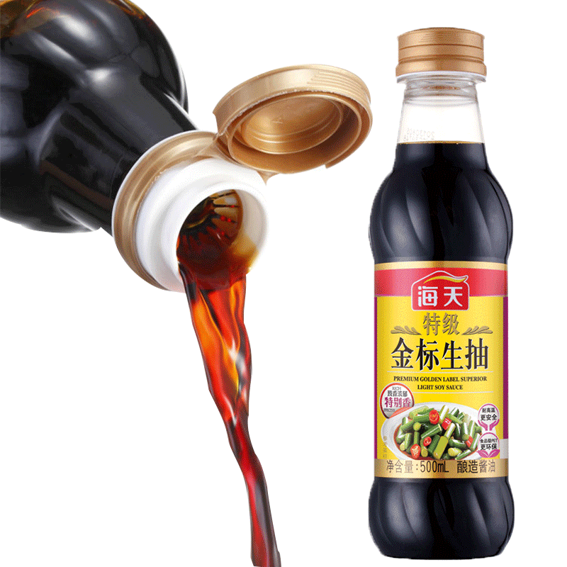 海天特级金标生抽500ml小瓶 特级黄豆酿造酱油 家用 寿司凉拌菜 味极鲜 饺子酱油批发 儿童酱油