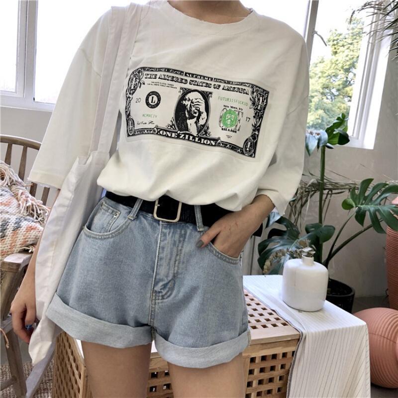 高腰修身卷边短裤女夏简约基础百搭牛仔裤配腰带蓝色