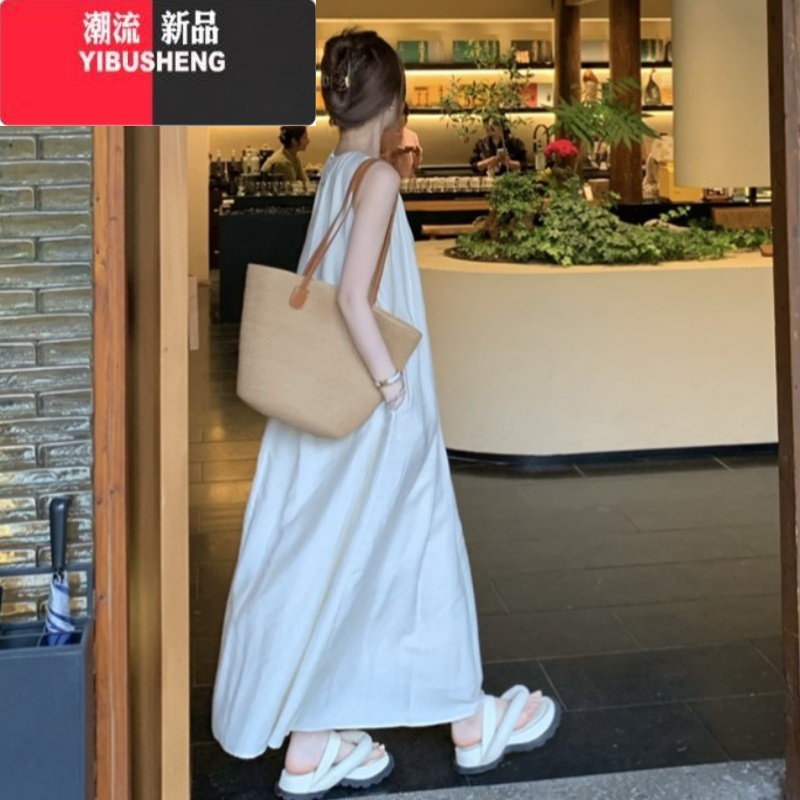YIBUSHENG白色背心吊带连衣裙女广州十三行新疆旅行穿搭海边度假及地长裙