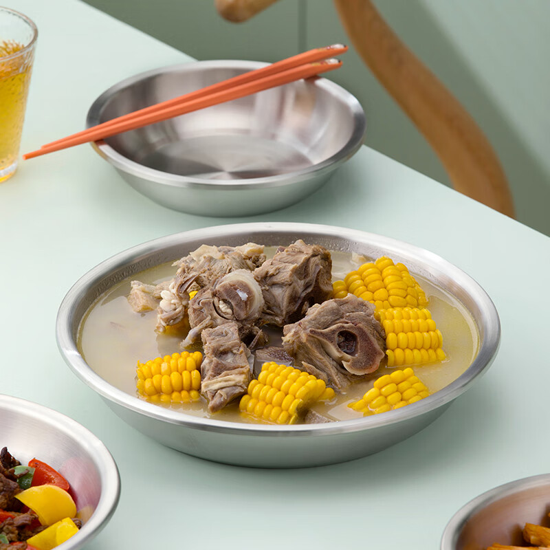 茶花(CHAHUA)甄享304不锈钢盘加厚圆盘家用碟子菜盘餐盘烧烤浅盘26厘米高清大图