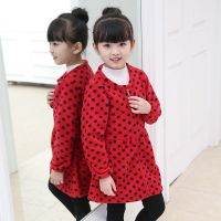 水晶绒儿童羽绒服罩衣宝宝吃饭拉链护衣冬季女童韩版长袖画画罩衣 红底小黑点(剪毛绒) 100
