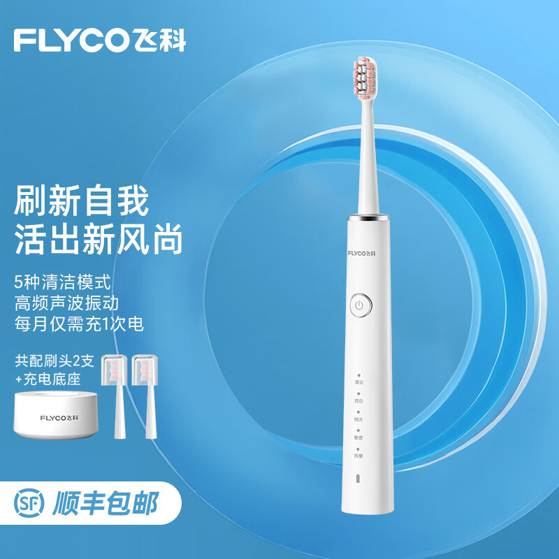 飞科(FLYCO)电动牙刷成人家用男女款充电式全自动声波震动软毛牙刷情侣 FT7208 皓月白