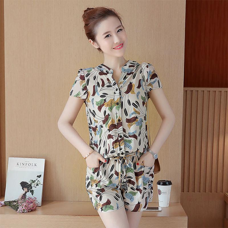 棉绸套装短袖上衣阔腿短裤两件套女夏韩版印花v领碎花短裤套装50红花