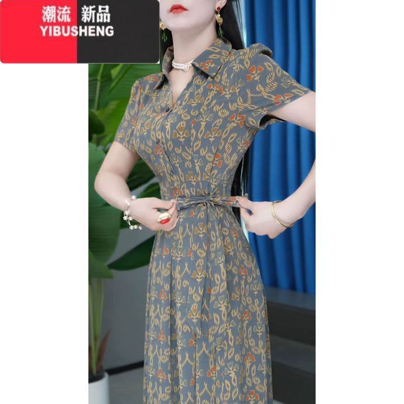 YIBUSHENG时尚显瘦中短袖连衣裙女2024年季新款气质系带收腰长款印花裙子图片