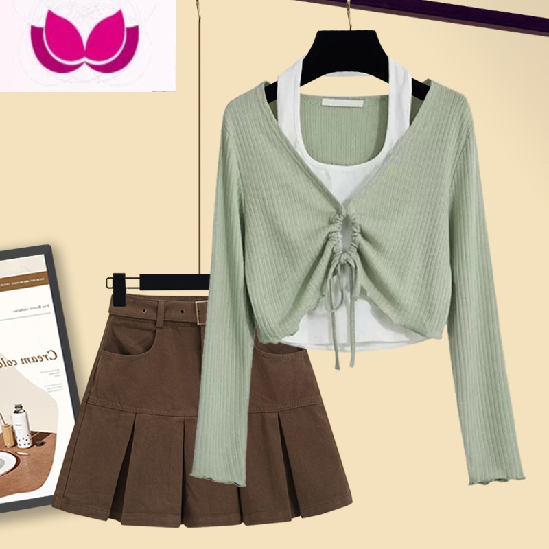 七斓早春季盐系穿搭套装网红洋气不规则抽绳上衣百褶裙短裙套女生高清大图