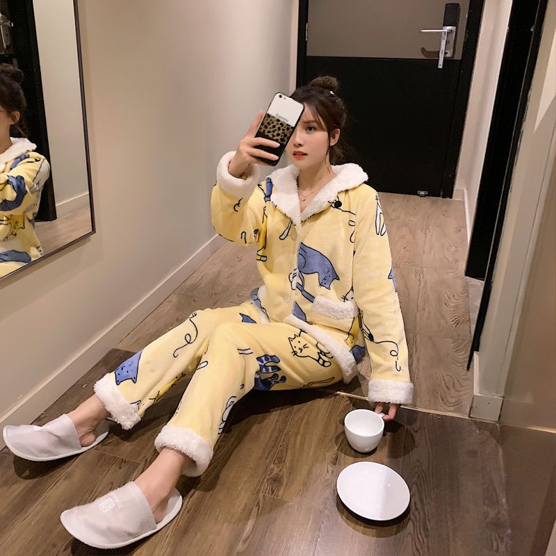 波迷娜bomina猫咪睡衣女冬季珊瑚绒长袖学生新款加厚可爱服春两件套装