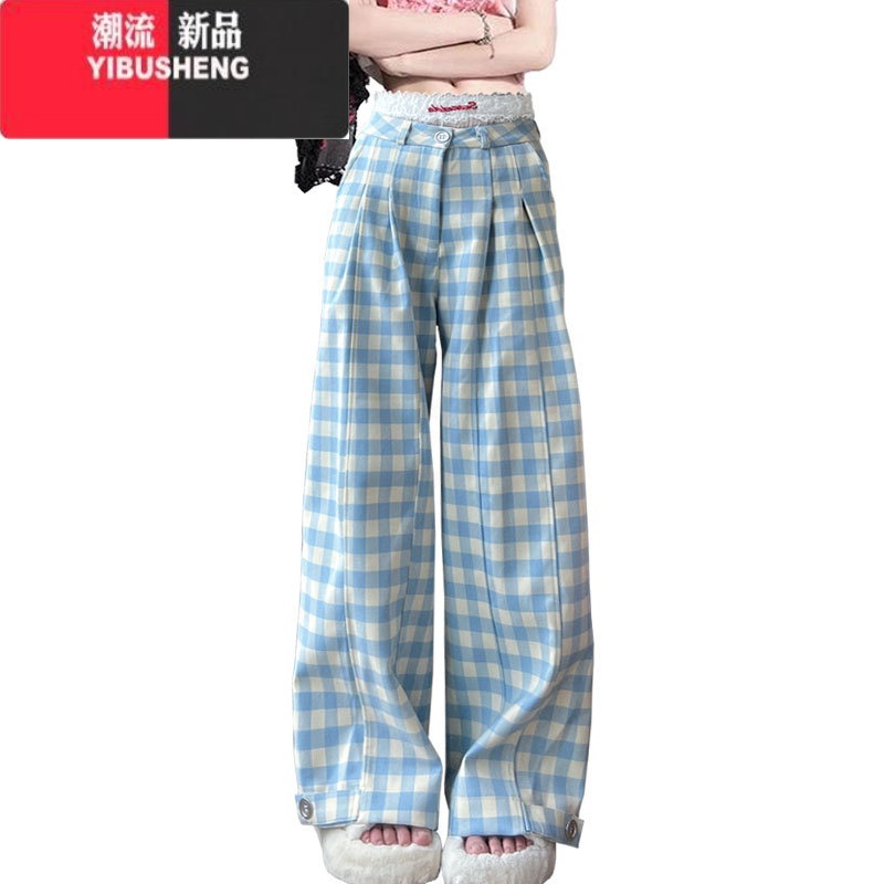 YIBUSHENG蓝色格子阔腿休闲裤女季薄款设计感慵懒风显瘦高腰垂感直筒长U高清大图