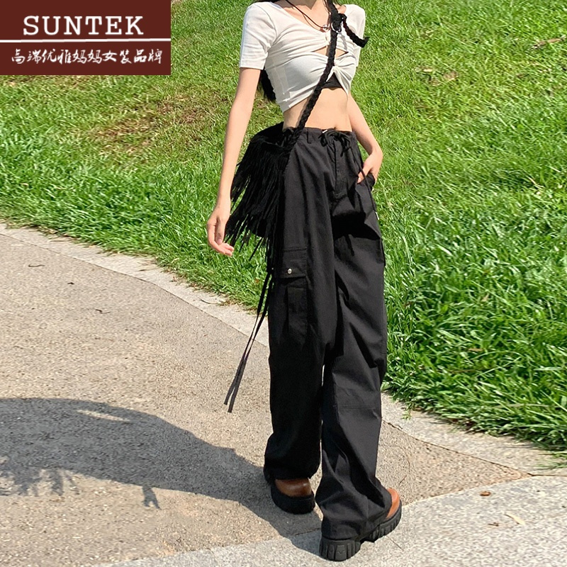 suntek高腰休闲工装裤女早秋新品美式复古小个子宽松直筒阔腿裤子潮
