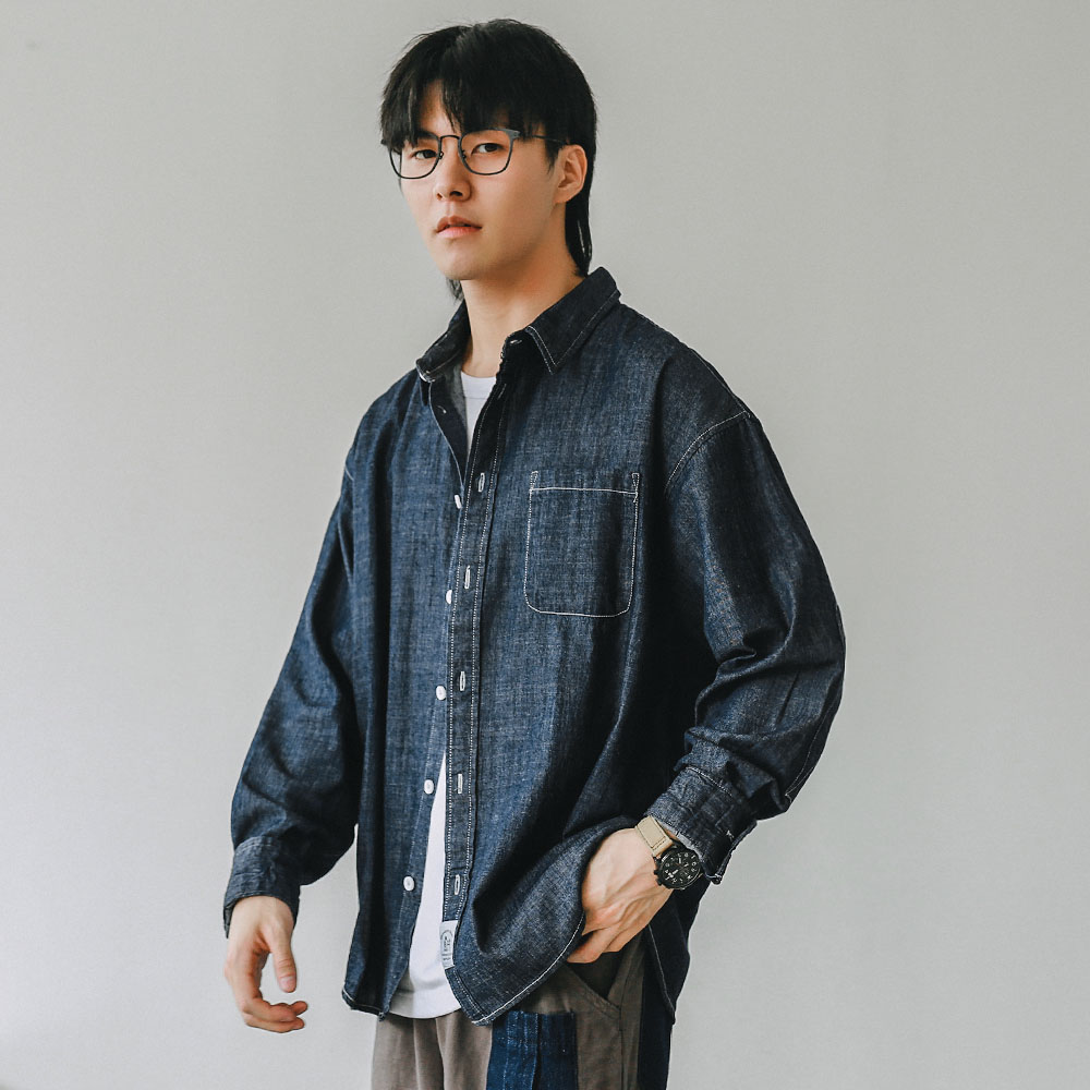 SUNTEK嘿马七作日系秋装男潮流缉明线水洗休闲长袖牛仔衬衫宽松衬衣外套衬衫高清大图