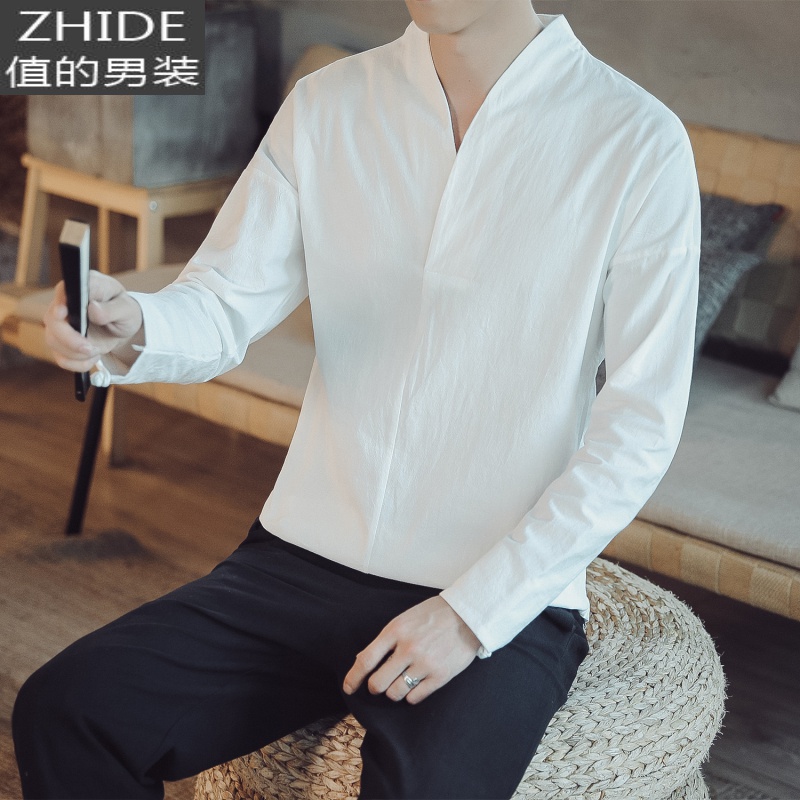 SUNTEK中国风男装秋季麻料长袖t恤男士打底衫复古风汉服唐装棉麻上衣服T恤高清大图