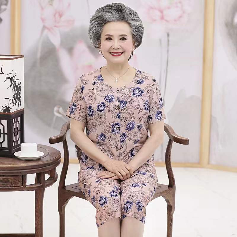 妈妈装夏装棉绸套装中老年人女装短袖开衫60岁70老太太绵绸奶奶装 莎丞