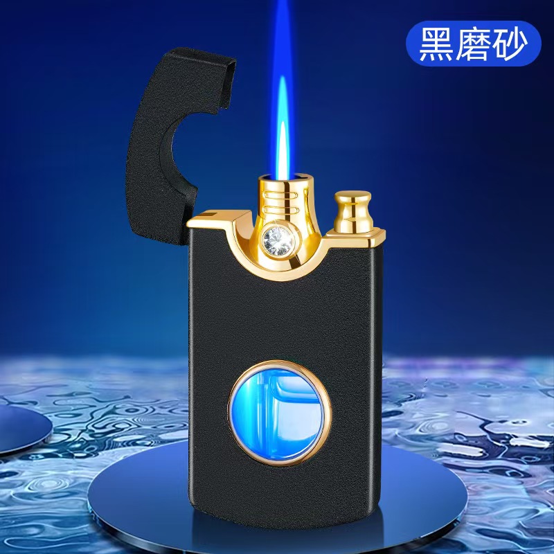 新款防风充气打火机个性直冲炫酷镶钻真表盘手表蓝焰点烟器送男友 黑磨砂--透视仓款