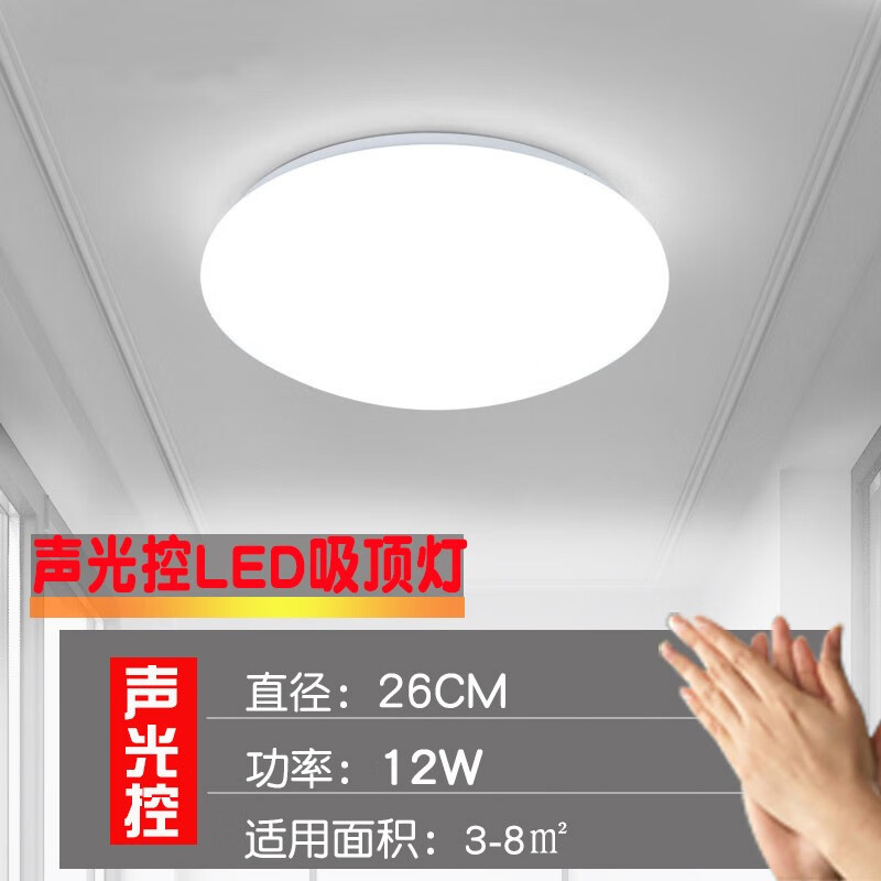 百士安 感应吸顶灯LED声光控走廊过道楼梯灯 入户玄关灯具 12W-白光-直径26cm
