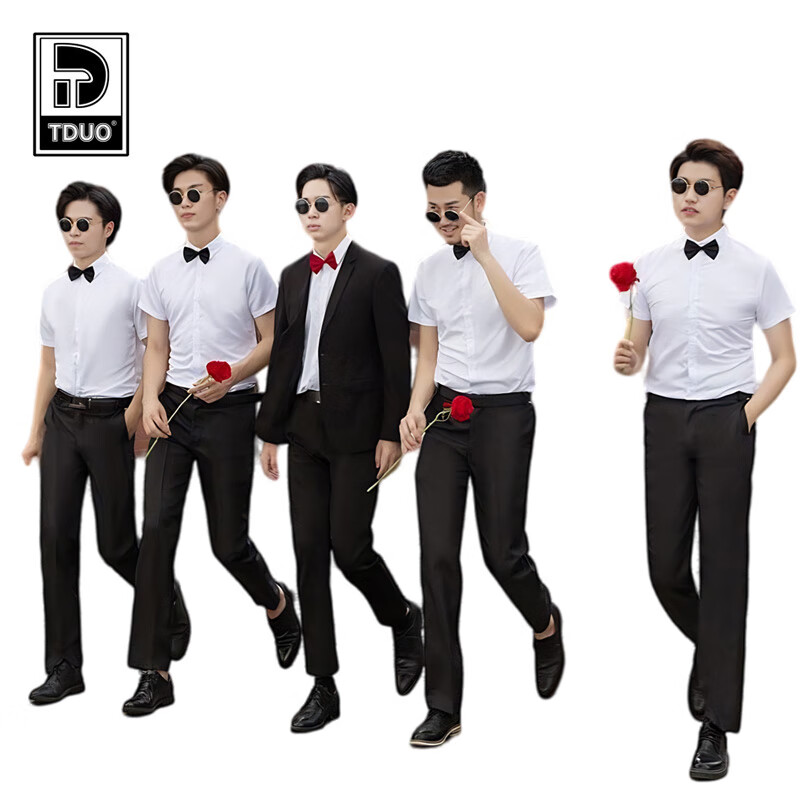 Tduo合唱演出服套装三件套 D03 套 白色短袖长裤 短衬衫+领结+长裤 均色 M