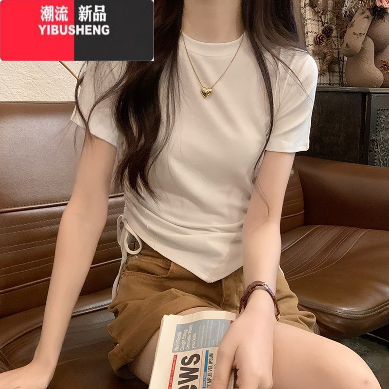 YIBUSHENG纯欲辣妹风抽绳设计感短袖t恤女季新款不规则修身显瘦短款上衣高清大图