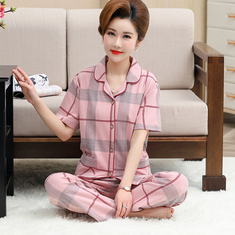 妈妈睡衣女夏季纯棉短袖长裤开衫中年中老年老人薄款夏家居服套装