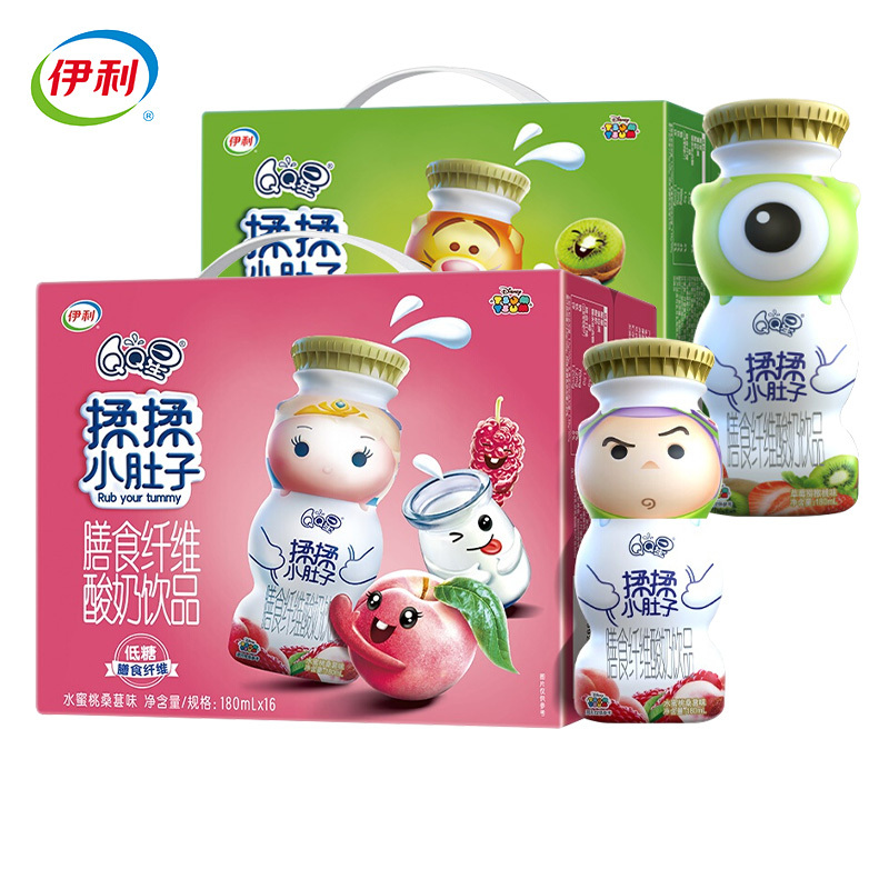 伊利qq星揉揉小肚子180ml16瓶水蜜桃草莓味酸奶饮品儿童牛奶饮料视频