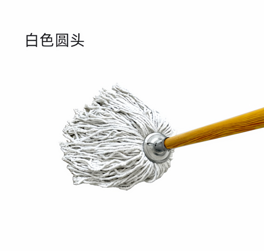 老式墩布棉线拖把 圆头白色木杆