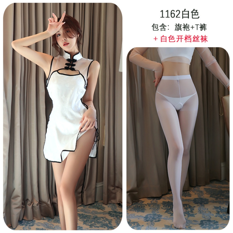 长夜漫漫情趣内衣性感绑带透视旗袍制服诱惑激情睡衣角色扮演1162 白色+白开档丝袜 均码(80-125斤)