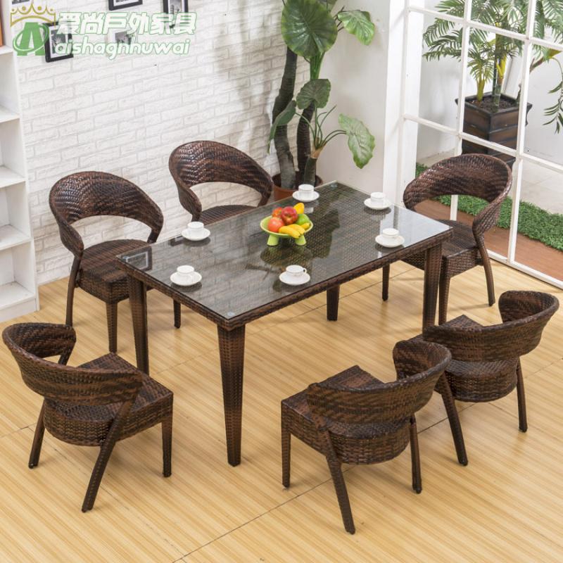 新款 阳台户外藤桌椅藤椅五件套 PE仿藤桌椅 餐桌藤编椅子茶几 6椅+长台(不含坐垫)