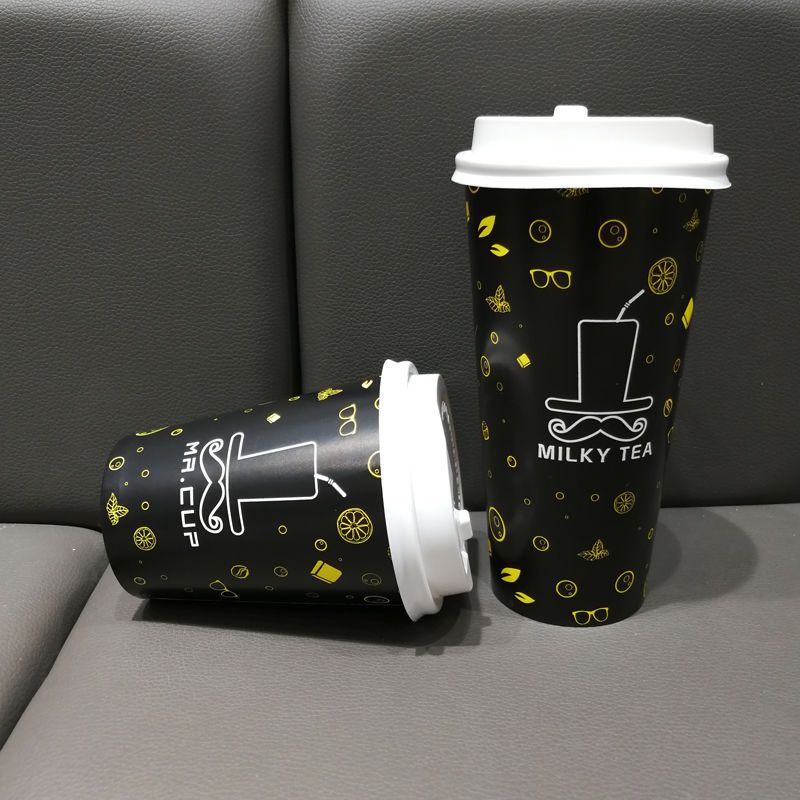 网红奶茶杯带盖一次性纸杯咖啡杯商用外带打包杯豆浆杯热饮杯家用|500毫升杯先生 不带盖100个