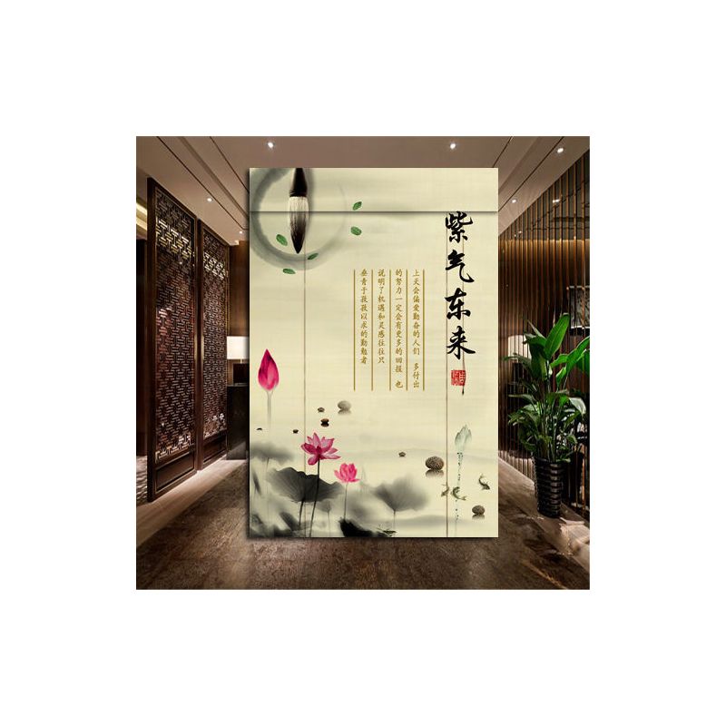 印花竹帘卷帘遮光升降竹子窗帘办公隔断门帘复古中式山水图案