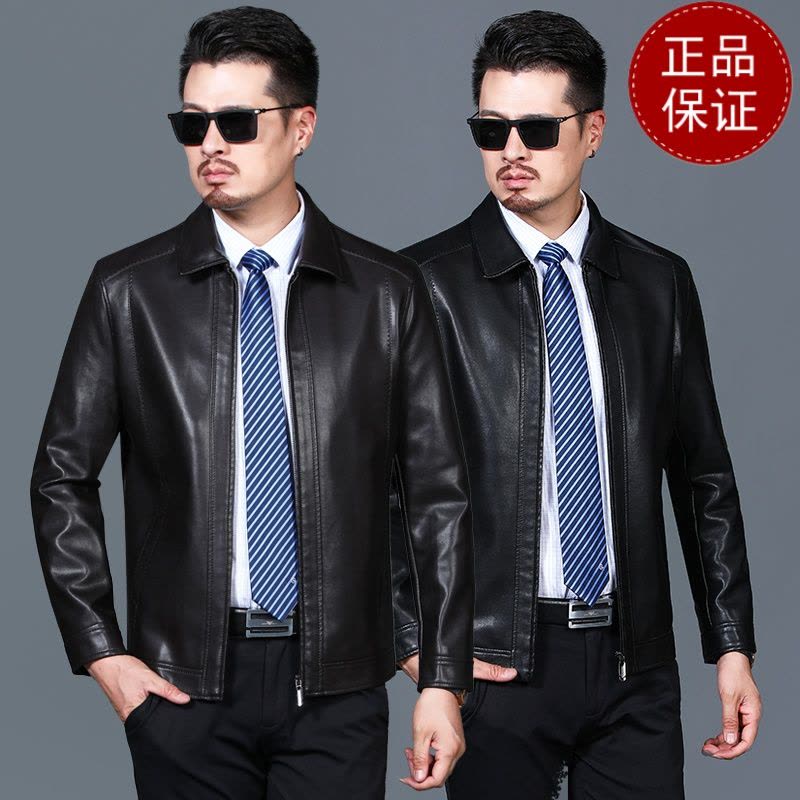 免费试穿 春秋装皮夹克外套男加绒保暖上衣翻领百搭中老年人皮衣休闲男装大码2024冬装新款外套潮海宁软皮夹克大码男装图片