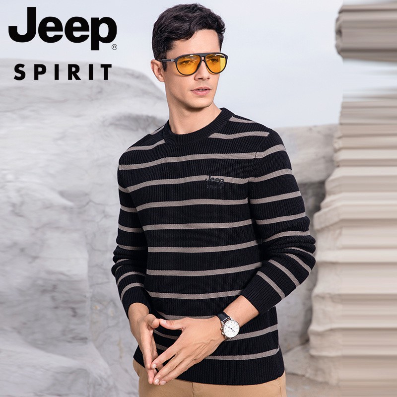 Jeep spirit吉普男士圆领毛衣百搭冬季新款针织上衣服宽松间色条纹潮高清大图