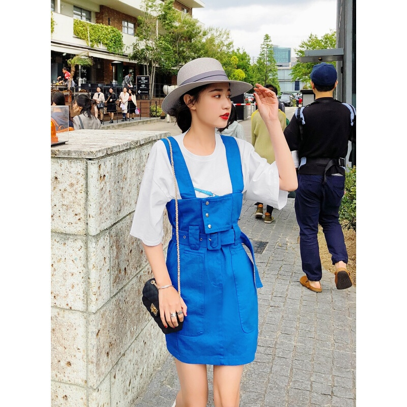 裙子夏女2018韩版学院风单排扣高腰背带裙短裙连衣裙
