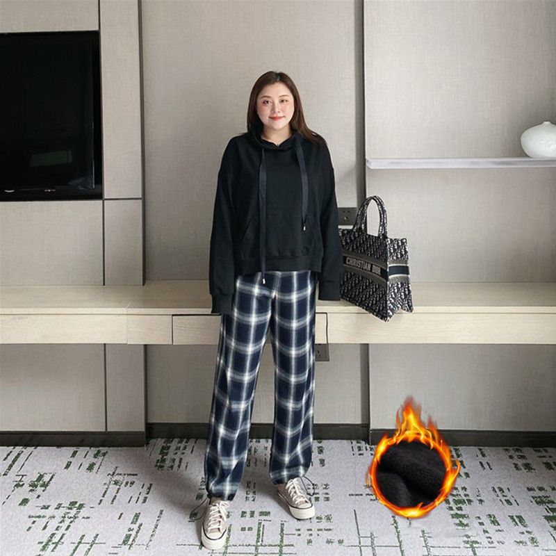 肉肉小姐200斤秋冬季加绒加厚格子裤女300宽松显瘦阔腿ins束脚裤 黑色 -内加绒 L 85-105