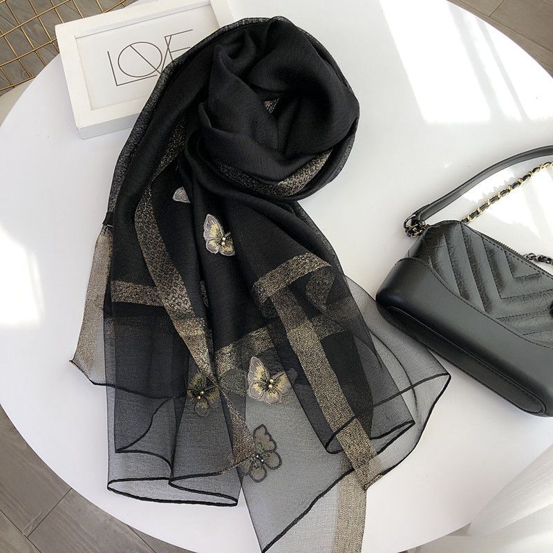 绿色桑蚕丝丝巾高档真丝丝巾长款真丝羊毛绣花围巾披肩女士妈妈款刺绣