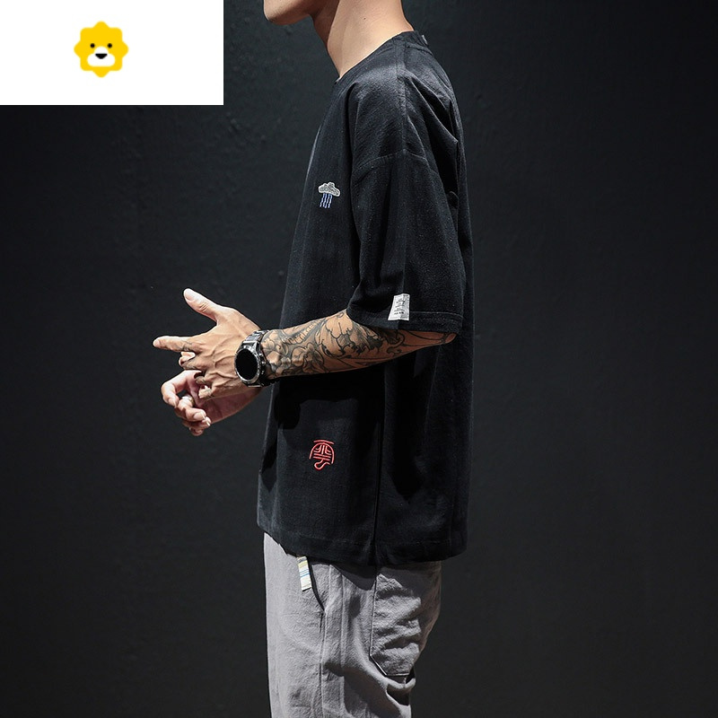 fish basket亚麻短袖t恤男棉麻布衣服夏季薄款宽松半袖体恤刺绣丅恤