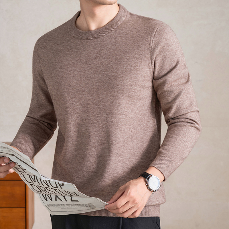 加厚含羊毛可机洗毛衣男冬季新款圆领打底保暖男士羊毛衫 花驼 185/3XL-推荐165-185斤